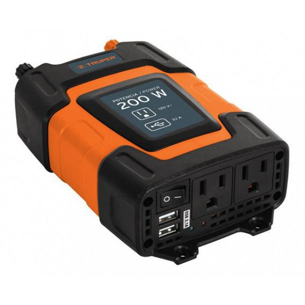 Inversor de corriente Truper 200 W con 2 contactos, fusible externo, 2 puertos USB