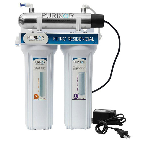Sistema de filtración básica POU Purikor de 3 etapas con luz UV y filtración de 5 micras para flujo MAX de 0.5 GPM