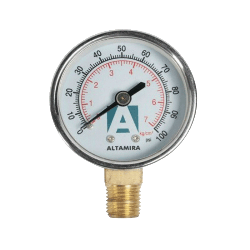 Manómetro con glicerina de 0-100 PSI Altamira con rosca NPT macho de 1/4" en bronce y caratula de 2.5" en acero inoxidable conexión inferior