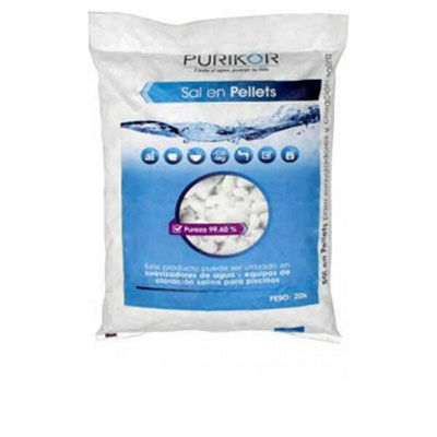 Sal en pellets tipo gránulos comprimidos Purikor con pureza de 99.6%-99.8% en bolsa de 20 KG