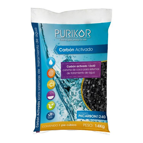 Carbón activado Purikor de concha de coco en saco de 14 KG para sistema de tratamiento de agua