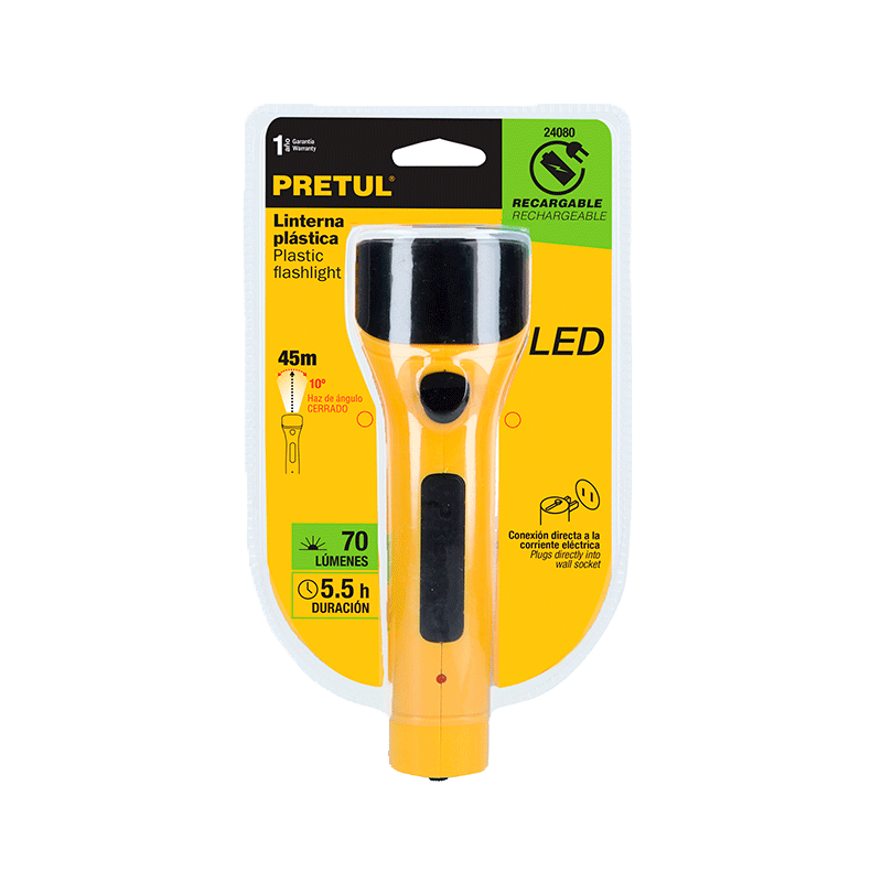 Linterna plástica de 7 LEDs Pretul recargable a 30 lúmenes, 65 M de distancia para 8 HRS continuas