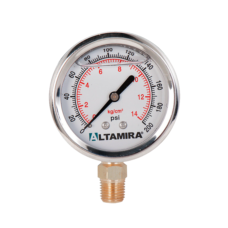 Manómetro con glicerina de 0-200 PSI Altamira con rosca NPT macho de 1/4" en bronce y caratula de 2.5" en acero inoxidable conexión inferior