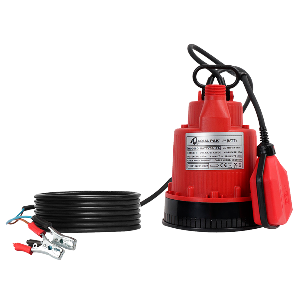 Bomba sumergible para achique Aqua Pak de 38 LPM con paso de solidos MAX 1.7 MM a 180 W y 12 Vcd con descarga de 1/2"