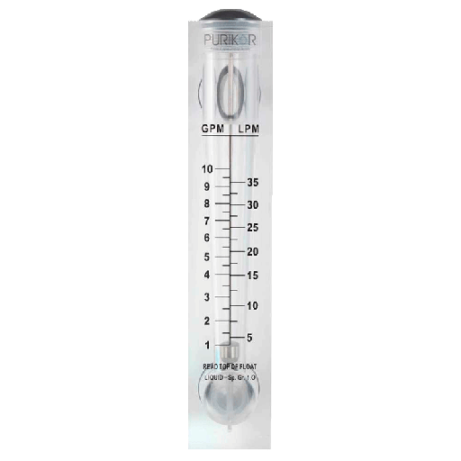 [METRO10A1] Flujometro industrial rotámetro Purikor para medir el caudal de líquidos de 1 a 10 GPM con entrada y salida de 1"