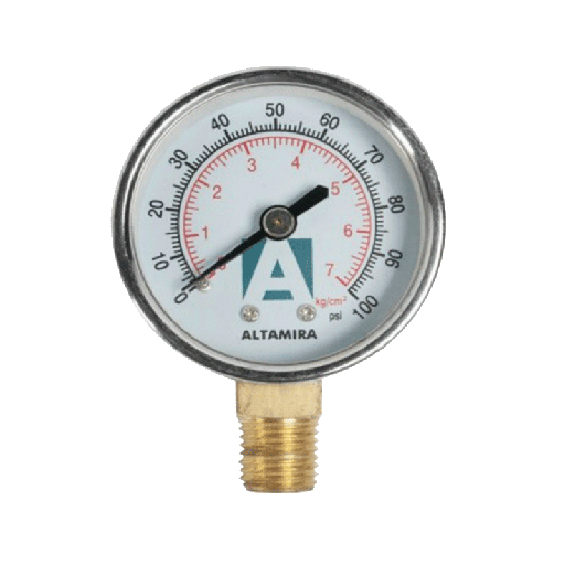 [MAN0-100SS] Manómetro seco de 0-100 PSI Altamira con rosca NPT macho de 1/4" en bronce y caratula de 2" en acero inoxidable conexión inferior